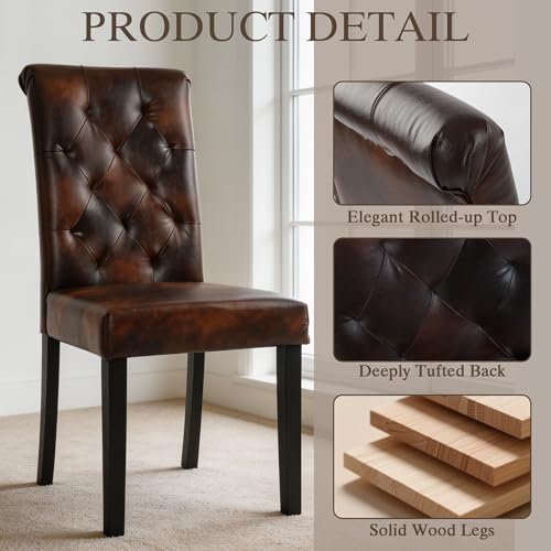 LSSBOUGHT Upholstered Dining Chairs Set of 2,Tufted Parsons Kitchen Chair with Solid Wood Legs, Modern PU Leather Side Chair for Dining Room/Restaurant(2pcs,Brown) - color: Brown-pu, size: Set of 2