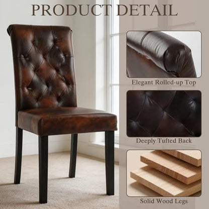 LSSBOUGHT Upholstered Dining Chairs Set of 4,Tufted Parsons Kitchen Chair with Solid Wood Legs, Modern PU Leather Side Chair for Dining Room/Restaurant(4pcs,Brown) - color: Brown-pu, size: Set of 4
