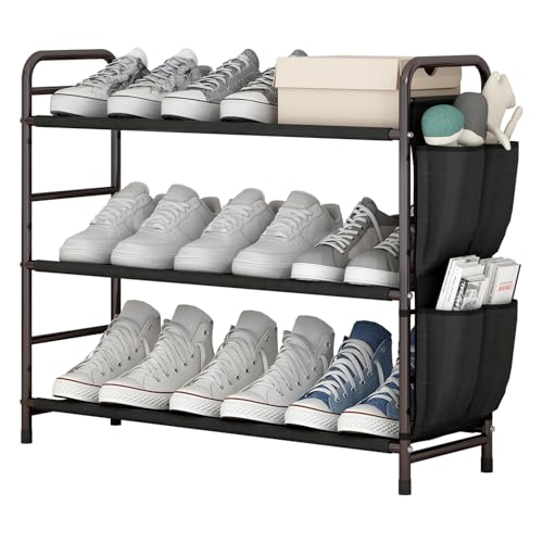 3 Tier Shoe Rack with Side Pockets, Shoe Organizer Space Saver Storage for 7-9 Pairs Shoes Storage Shelf Sturdy Free Standing Metal Long Shoe Holder Organizer for Closet, Entryway Bronze - color: Bronze, size: 3 Tier