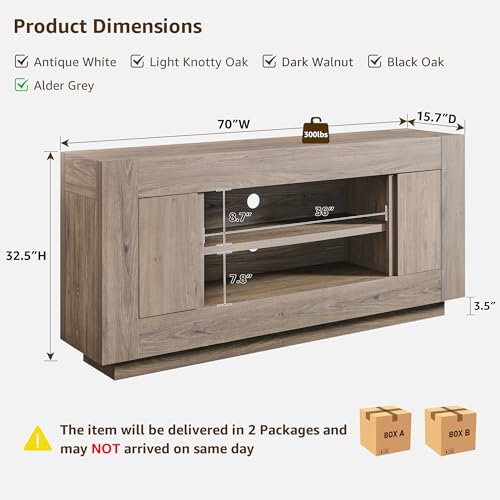 OKD Modern 70" TV Stand, Entertainment Center for TVs Up to 80", Media Console with Large Open Storage & Side Cabinets, Thick Wood Design for Living Room, Alder Grey - color: Alder Grey