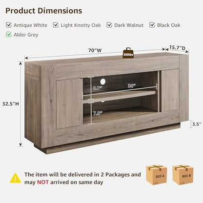 OKD Modern 70" TV Stand, Entertainment Center for TVs Up to 80", Media Console with Large Open Storage & Side Cabinets, Thick Wood Design for Living Room, Alder Grey - color: Alder Grey