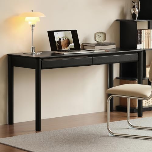 Solid Oak Wood Writing Desk, Smoky Black Home Office Desk with 2 Drawers, Ideal for Work Study Bedroom 47.24" W - color: Smoked Color-oak, size: 47.24"W