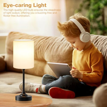 Fenmzee Touch Nightstand Bedroom Lamp - 3 Way Dimmable Bedside Lamp, Small Table Lamp Linen Lampshade for Office Desk, LED Bulb Included - color: White Shade-Black Base, size: 14" Touch Control