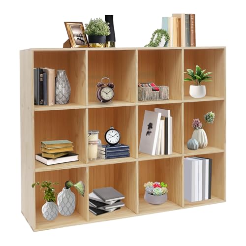 12-Cube Solid Wood Bookcase - Vertical/Horizontal Storage Organizer - 3-Tier 12-Compartment Display Cabinet & TV Stand for Living Room, Office - Easy Assembly Modern Farmhouse Style