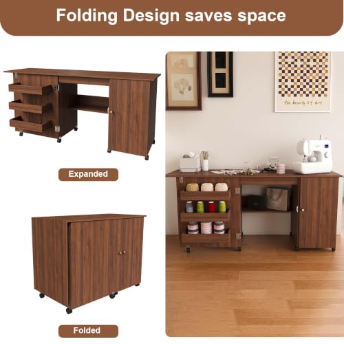 HRVEOCEI 4-in-1 Folding Sewing Table with Storage, Sewing Desk Foldable with Lockable Wheels & Power Socket, Sewings Machine Cabinet & Craft Desk with Shelves, Compact Design (Walnut, 57 Inch) - color: Walnut, size: 57 Inch