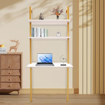 2-Shelf Industrial Wall Mount Ladder，Wall Mount Computer or Writing Desk, Computer Laptop Desk with Shelves, Wall Table Floating Desk with Storage for Home Office, Gold, (20" Dx30 Wx72.8 H) - color: Gold/ White