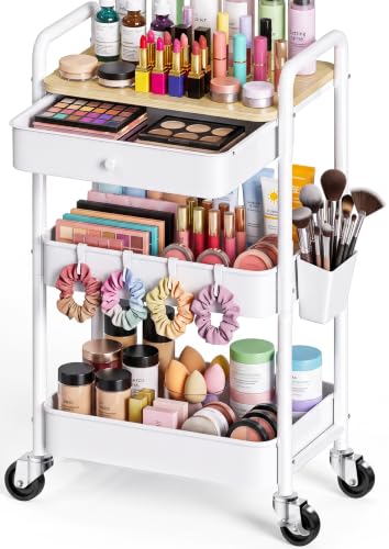 3 Tier Metal Rolling Cart with Drawers and Wooden Table Top, Makeup Organizer Cart with Wheels, Nail Carts for Hair Product, Perfume Storage, Beauty Carts for Vanity, Skincare, Pedicure, Salon, White - color: White