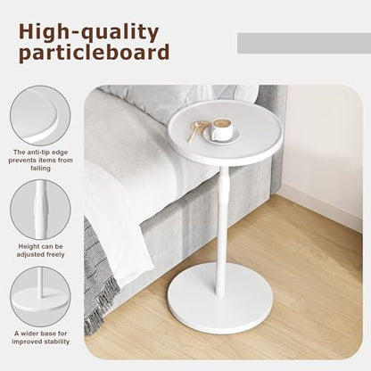 Adjustable Round Side Table, Small End Table, Pedestal Drink Table for Small Spaces, Tall Round Nightstand for Living Room Bedroom Sofa Couch, White ET-010WW - color: White