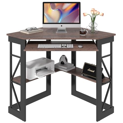 VECELO Corner Desk Computer Desk Writing Table with Smooth Keyboard Tray&Storage Shelves for Small Spaces/Compact Home Office Triangle Table,Brown - color: Brown