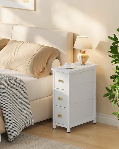 CHOEZON Narrow Side Table with 3 Fabric Drawers, Industrial Slim Bedside Table for Small Spaces, Bedroom, Living Room, Dormitory, White TBZ09WB - color: White