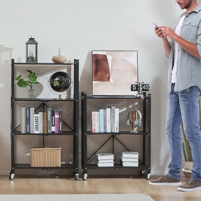 DEANIC 3 Tier Foldable Storage Shelves with Wheels, Kitchen Appliance Stand, Freestanding Metal Wire Shelf Rack, No Assembly Organizer Rolling Cart for Garage, Basement, Pantry (Black) - color: Black