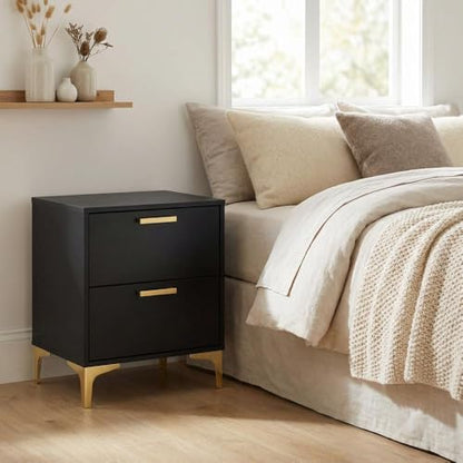 Furnifact Black Nightstand, 2 Drawers, Modern Design, Gold Metal Legs, Durable Construction, Stylish Bedroom Storage, Contemporary Finish