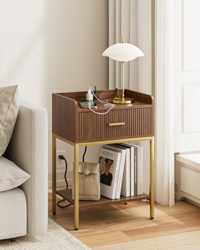 Nightstand with Charging Station, 3-Tier Bed Side Table, Small End Table, Night Stand with Open Shelf and Drawer, Bedside Table for Bedroom, Living Room, Walnut - color: Walnut, style: With Charging Station