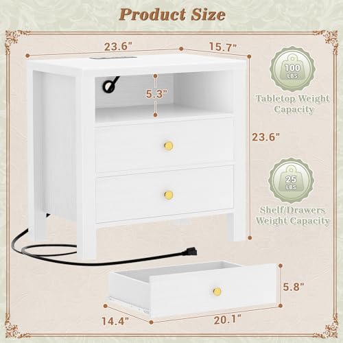 Aheaplus Nightstand with Charging Station, 23.6'' Large Bed Side Table with Wooden 2 Drawers, Night Stand for Bedroom, End Table with Open Storage Shelf for Living Room, Set of 2, White - color: White