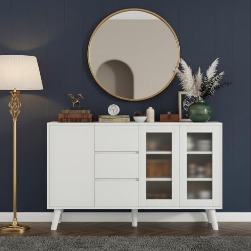 Farini 55.1" Buffet Cabinet with 3 Drawers and 2 Pop-Up Doors,Kitchen Sideboard for Dining Room, Hallway & Living Room, Coffee Bar Storage Console Table,White - color: White, size: 55.1 inch-Drawers