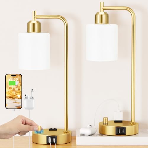 Innqoo Industrial Table Lamps for Bedroom Set of 2 - Fully Dimmable Bedside Lamps with USB Ports and Outlet, Gold Nightstand Lamps with Opal Glass Shade for Living Room, Desk Lamps for Office Reading - color: Opal Glass&Gold Base