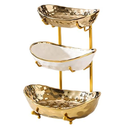 YYW 3 Tier Fruit Bowl for Kitchen Counter, White Gold Silver Ceramic Fruit Stand for Countertop, Home Fruit Rack with Metal Holder, Vegetable Snacks Nuts Bread Candy Storage (Gold (Gold Holder)) - color: Gold (Gold Holder)