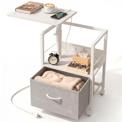 Faesun Swivel Lift Top Nightstand with Charging Station, Rolling Side Table for Recliner, Bedside Table with Wheels & a Fabric Drawer, for Small Spaces, for Bedroom, Living Room, White Gray - color: 08 - White Gray, size: 1 Drawer