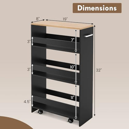 LOKO 4-Tier Rolling Storage Cart, 8 Inches Slim Kitchen Cart on Wheels with Open Shelves & Handle, Laundry Room Cart Between Washer and Dryer, for Bathroom Next to Fridge (Black & Natural) - color: Black & Natural