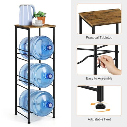 OYEAL 5 Gallon Water Bottle Jug Holder 3-Tier Water Bottle Holder Organizer with Top Shelf, Heavy Duty Water Dispenser Stand Rack for Kitchen Living Room Office, Rustic Brown - style: Round Tube Brown