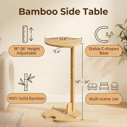 Bamboo Side Table for Sofa - Adjustable Height C Shaped End Tables for Small Spaces, Couch, Bedside, Living Room, 12.6x12.6x26 Inch TV Tray Round Stand for Drink, Snack, Coffee (Natural) - color: Natural