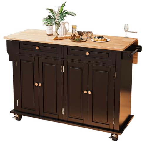 Kitchen Island with Drop Leaf, Rolling Mobile Kitchen Island on Wheels with Drawer and Storage Cabinet, Spice Rack, Towel Bar, Black - size: 51.2" W, style: Black