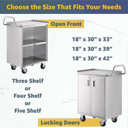 18" x 30" Stainless Steel Utility Cart with Enclosed Base and Open Front - 3 Shelf Heavy-Duty Commercial Service Cart - NSF Rolling Cart for Kitchen, Catering, Restaurant Storage - size: 3 Shelf