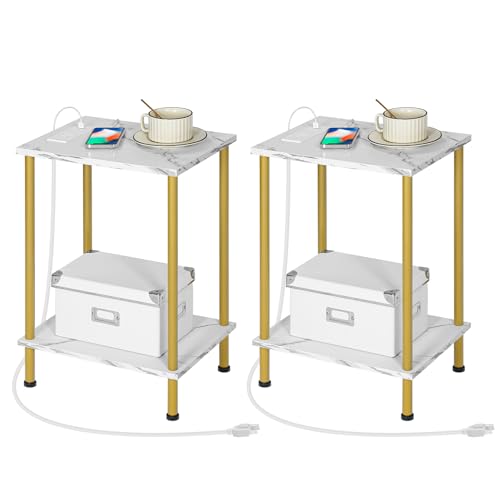 HOOBRO Side Table with Charging Station, Set of 2 End Tables with USB Port and Outlet, Nightstand with 2-Layer Storage Shelves for Small Spaces, Living Room, Bedroom, Gold and Marble DM09UBZP201 - color: Marble + Gold
