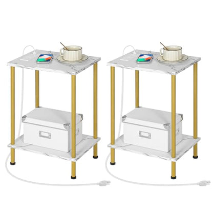 HOOBRO Side Table with Charging Station, Set of 2 End Tables with USB Port and Outlet, Nightstand with 2-Layer Storage Shelves for Small Spaces, Living Room, Bedroom, Gold and Marble DM09UBZP201 - color: Marble + Gold