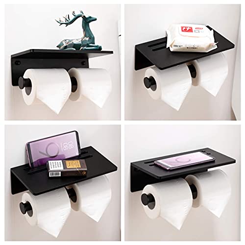 Toilet Paper Holder - Aluminium Double Roll Toilet Tissue Holder with Mobile Phone Shelf for Bathroom, 3M Self Adhesive No Drilling or Wall-Mounted with Screws, Rustproof Modern Style Black - color: Black-2 Roll
