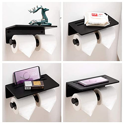 Toilet Paper Holder - Aluminium Double Roll Toilet Tissue Holder with Mobile Phone Shelf for Bathroom, 3M Self Adhesive No Drilling or Wall-Mounted with Screws, Rustproof Modern Style Black - color: Black-2 Roll