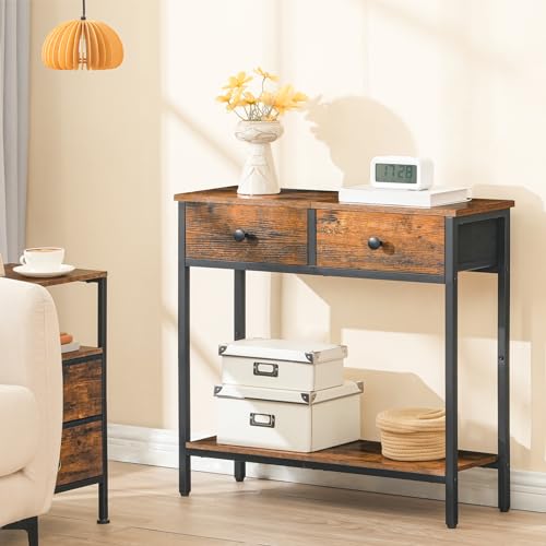 HOOBRO 29.5" Narrow Console Table with 2 Fabric Drawers, Small Entryway Table with 2-Tier Storage Shelves, Sofa Table, Behind Couch Table, for Living Room, Hallway, Rustic Brown and Black BF71XG01 - color: Rustic Brown and Black
