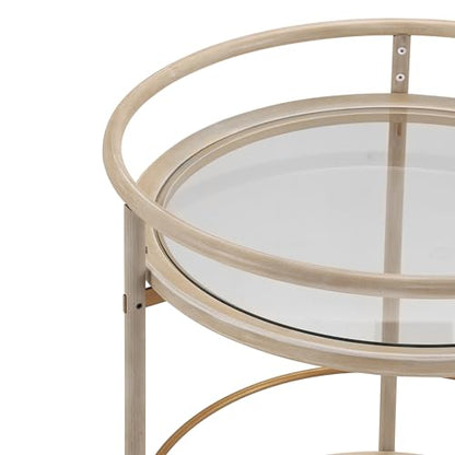 GDFStudio Round Bar Cart with Dual Tempered Glass Shelves, Gold Metal Accents and Lockable Wheels, Distressed White Finish Modern Beverage Trolley for Living Room, Dining Room or Kitchen - color: Ancient White