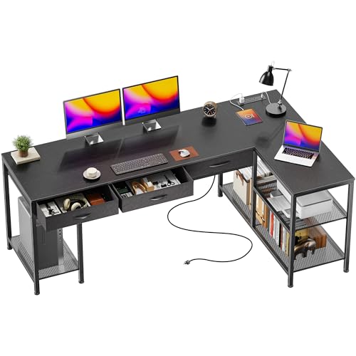 PRAISUN 63 Inch L Shaped Office Desk with Power Outlets and Type-C Port, Large Computer Gaming Desk with 3 Fabric Drawers, Mesh Shelves, Corner Study Work Writing Desk, Black - color: Black, size: 63inch