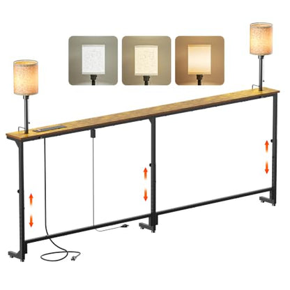 78.8" Long Sofa Table with Lights & Charging Station - 4 AC outlets | 22"-32" Height Adjustable Behind Couch Table, Narrow Console Table, Slim Design for Living Room, Rustic Brown - color: Brown, size: 78.8" Long-2 Light