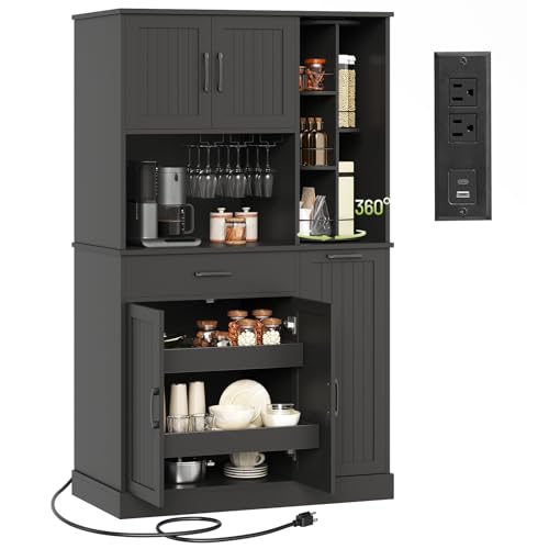 Pantry Cabinet, 67.7" Tall Kitchen Pantry Storage Cabinet with 360° Rotating Shelf & 2 Pull-Out Racks, Freestanding Kitchen Hutch with Charging Station & Drawer, for Dining Room, Black