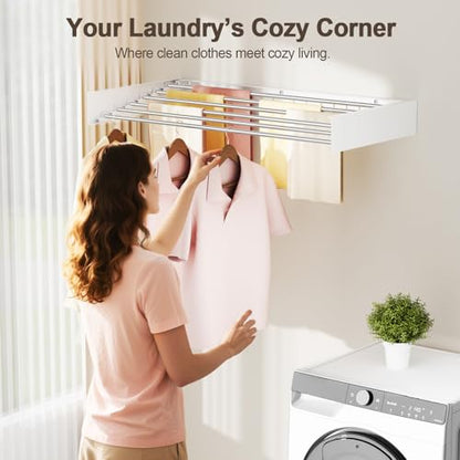 Wall Mounted Clothes Drying Rack Folding Indoor, Foldable Laundry Drying Rack Collapsible,Invisible, Space Saving, Retractable Towel Drying Rack, with Wall Template(6 Drying Rods, White 40") - color: White, size: White-40"