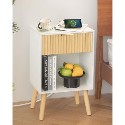 Fultyle Night Stand with Charger Station, Modern Wood Nightstand with Drawer and Outlet, Fluted Bedside Table End Table with Solid Wood Legs for Bedroom, Living Room, Office (White Oak) - color: White Oak With Charging Station