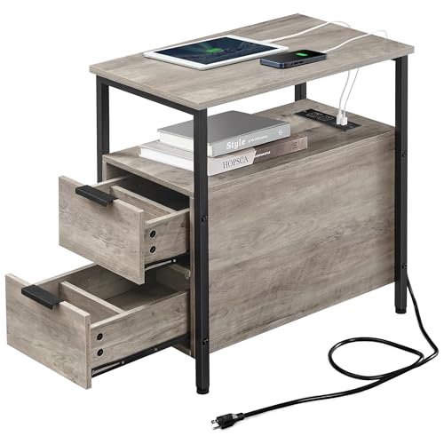 VASAGLE Side End Table with Charging Station, Slim Nightstand with 2 Drawers, Narrow Bedside Table for Living Room, Small Spaces, Heather Greige and Ink Black ULET321B02 - color: Heather Greige + Ink Black, size: 23.6"D x 13.8"W