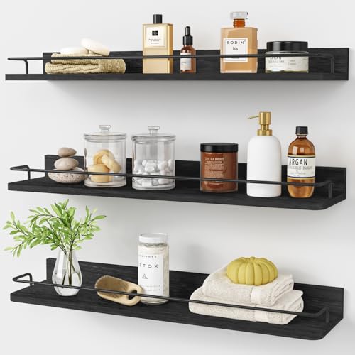 Forbena 24 Inch Wall Shelves for Bedroom 3-Pack, Black Floating Shelves with Rail, Vintage Large Floating Book Shelves for Bathroom Kitchen Living Room Office Decor Kids Room Legos Display (Black) - color: Black, size: 24 Inch
