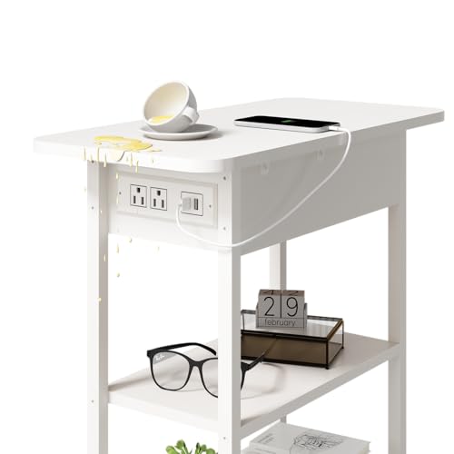 LIDYUK End Table with Charging Station, Flip Top Side Table with USB Ports and Outlets, Nightstand for Small Spaces, Bedside Tables with Storage Shelf for Living Room, Bedroom, White | Equipped with USB Ports and Outlets, Nightstand for Small Spaces, Beds