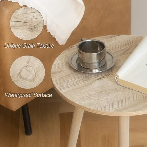 AWASEN Round Side Table, Modern Small End Table for Living Room, Wood Accent Drink Table for Small Space with Solid Wood Legs, Easy Assembly, Rustic White Oak - color: Rustic White Oak