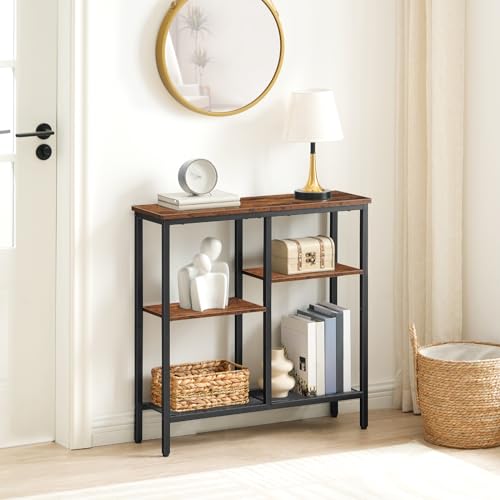 HOOBRO Narrow Console Table, Sofa Table, 4-Tier Industrial Entryway Table with Metal Mesh Shelf, Hallway Table with Adjustable Feet, for Entryway, Living Room, Hallway, Rustic Brown and Black BF79XG01 - color: Rustic Brown + Black