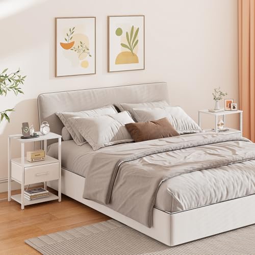 TUTOTAK Nightstand Set of 2, Night Stand with Charging Station, End Table, Bedside Table with Fabric Drawer, Side Table for Livingroom and Bedroom, White TB01BW0692 - color: White, style: Plug