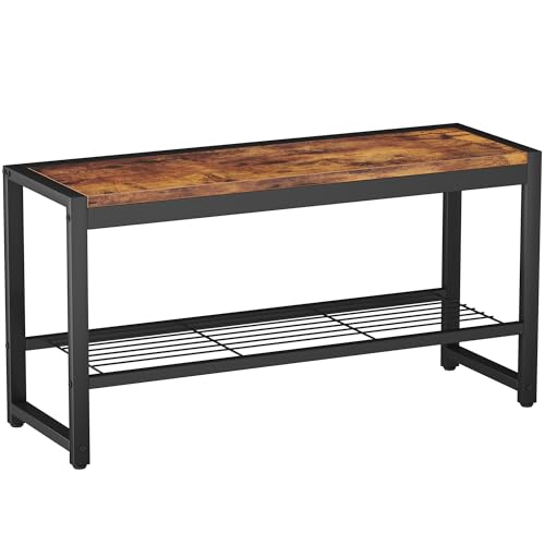 HOMEFORT Shoe Bench, Modern Industrial Shoe Storage Bench, Entryway Bench with Mesh Shelf and Sturdy Metal Frame, Metal Shoe Rack Bench for Hallway, Mudroom, Living Room, Rustic Brown - color: Rustic Brown, size: 35.4"(2 Tiers)