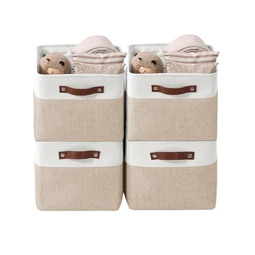 DECOMOMO Storage Bins, Large Fabric Storage Baskets for Shelves, Decorative Linen Closet Organizer, 15 x 11 x 9.5 inches (Beige & White, 4 Pack) - color: Beige and White, size: Large/4P