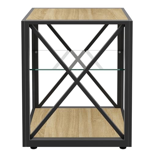 Industrial Side Table with 3-Tier Storage – Tempered Glass Shelf, X-Frame Metal Design, Natural Wood Finish, Compact End Table for Living Room, Bedroom or Office(Product G)