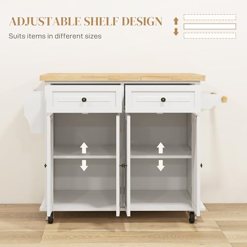 HOMCOM Kitchen Island Cart with Solid Wood Top, 44" Mobile Kitchen Island Table on Wheels with Storage Cabinets, 2 Drawers, Adjustable Shelves, Spice Rack & Towel Bar for Dining Room, Cream White - color: Cream White
