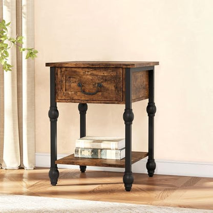 GarveeHome End Table, Industrial Side Table with Storage, 2 Tiers Nightstand with Drawer, Featured Bedside for Bedroom, Living Room and Small Space, Retro Brown