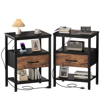 DUMOS Nightstands Set of 2 with Charging Station, Bedside Table with 1 USB-A, 1 USB-C & 2 AC Outlets, Fabric Drawer with Adjustable Open Shelf, Compact End Table for Bedroom, Black & Brown - color: Black and Brown, size: 15.7"Dx11.8"Wx23.4"H(1 Drawer, 2 P
